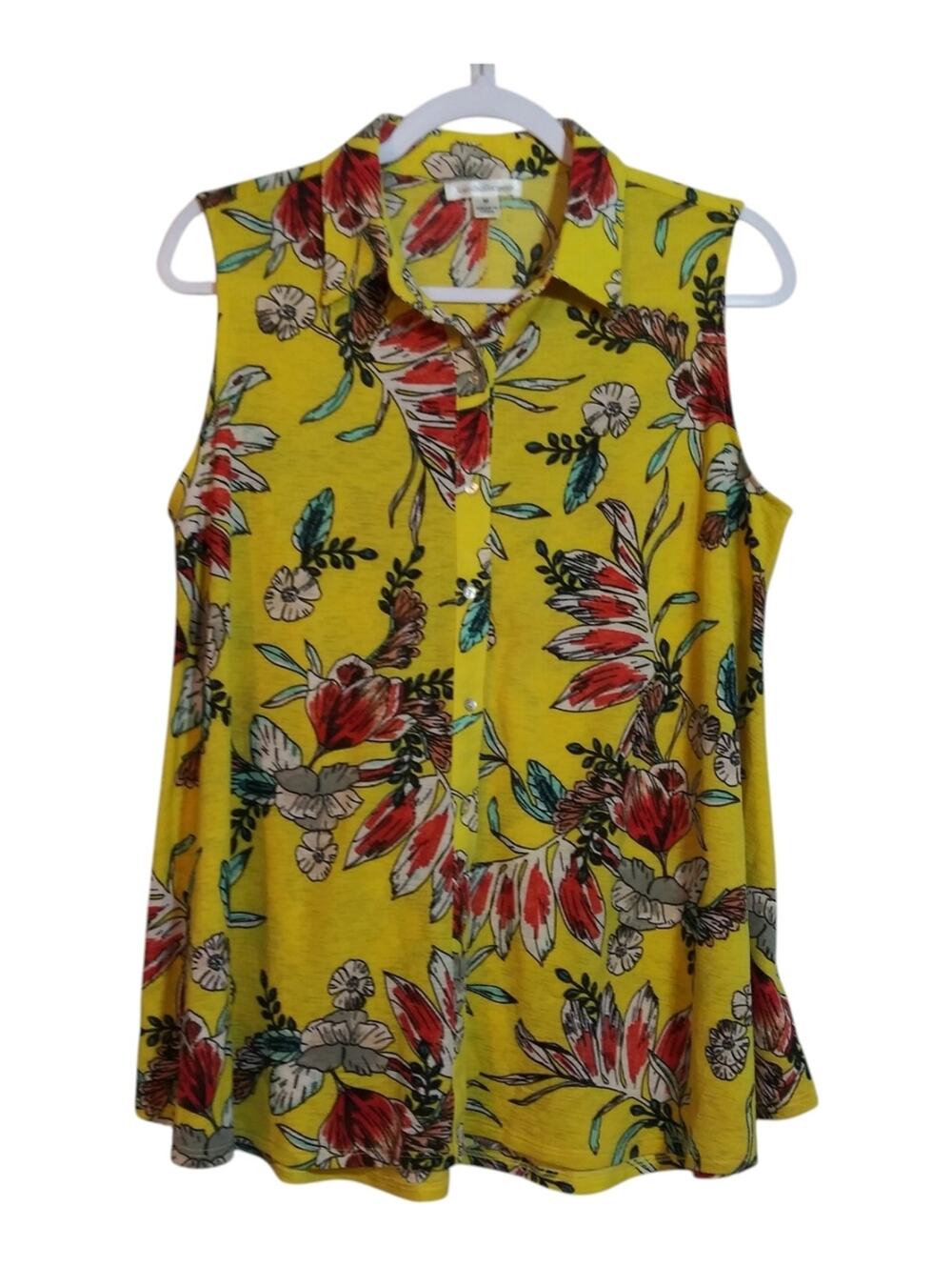 John Paul Richard Sleeveless Yellow Floral Button-Front Women’s Gauzy Top Size M